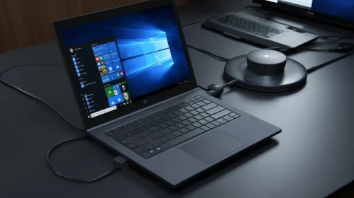 Black Laptop on Dark Table with Windows 10 Display