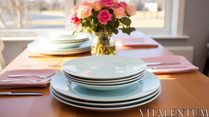 Charming Table Setting with Blue Plates and Pink Roses AI Image