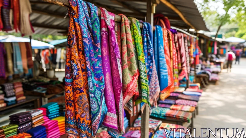 Colorful Handmade Scarves at a Vibrant Market Stall AI Image