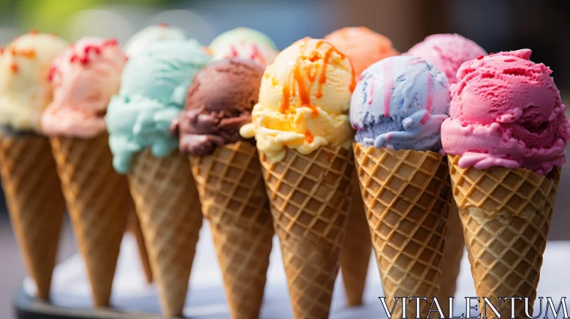 Colorful Ice Cream Cones - Delicious Flavors in a Row AI Image