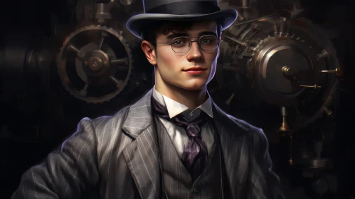 Confident Young Man in Steampunk Style at Dark Factory