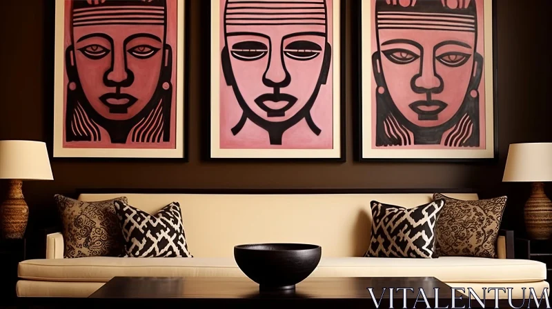 Cozy Living Room with Sofa and African Mask Paintings AI Image