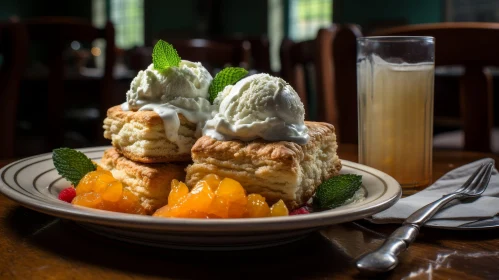 Delicious Biscuits and Peaches with Vanilla Ice Cream