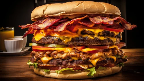 Delicious Double Cheeseburger with Bacon on Wooden Table