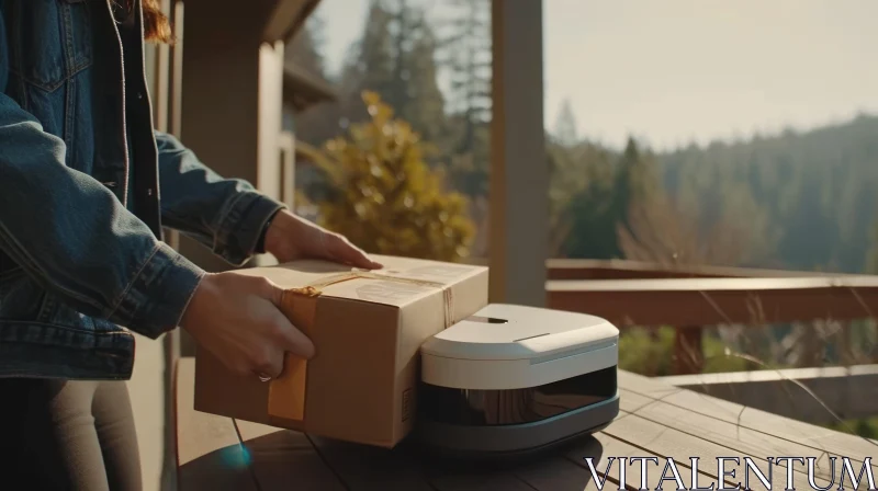 Delivery Robot on Wooden Porch: A Captivating Encounter AI Image