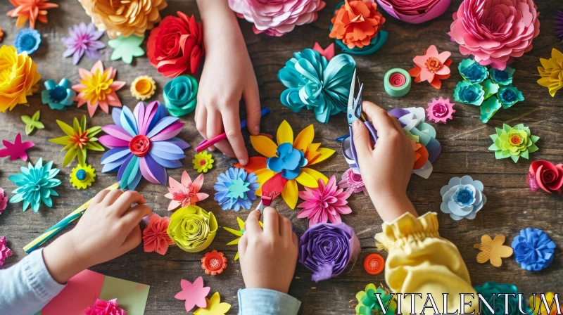 Enchanting Craft: Colorful Paper Flowers Handcrafted by Children AI Image