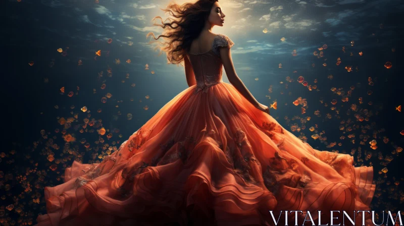Enchanting Woman in Red Dress Swimming Underwater AI Image