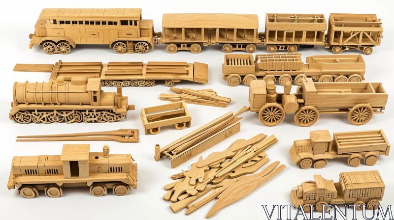 Enchanting Wooden Toy Trains and Cars Collection AI Image