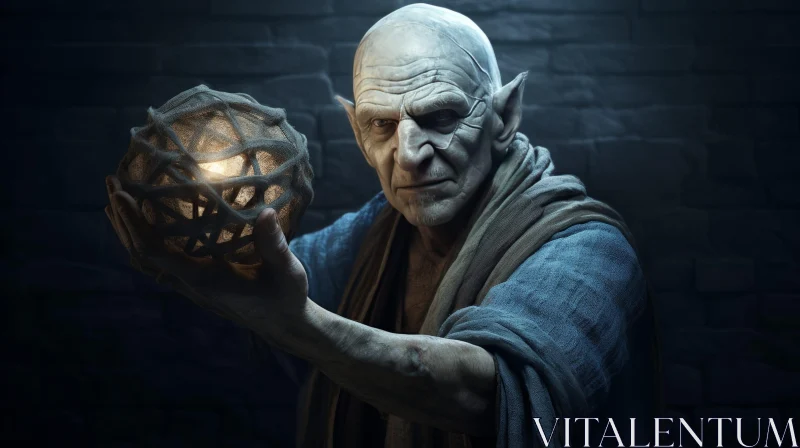 Enigmatic Wizard with Glowing Orb in Dark Room AI Image
