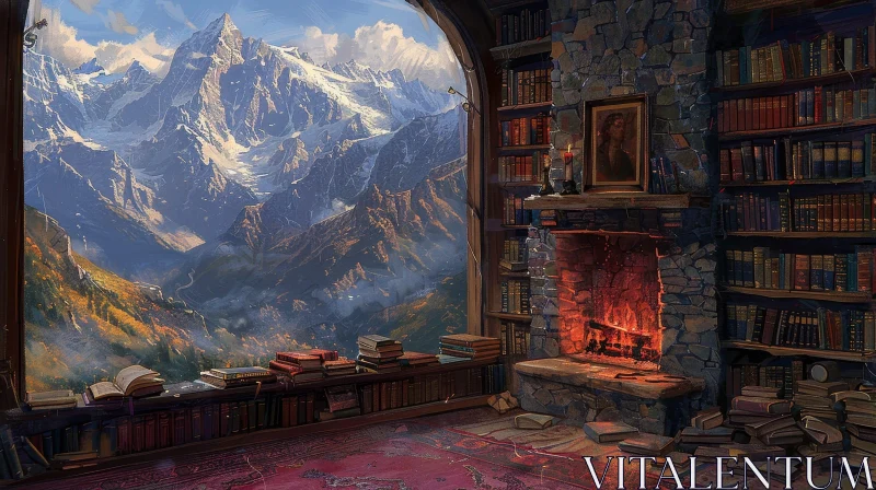 Fantasy Library in Mountain Range AI Image