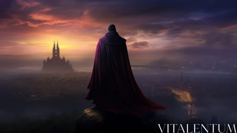 Fantasy Painting of Man in Purple Cloak Overlooking City at Sunset AI Image