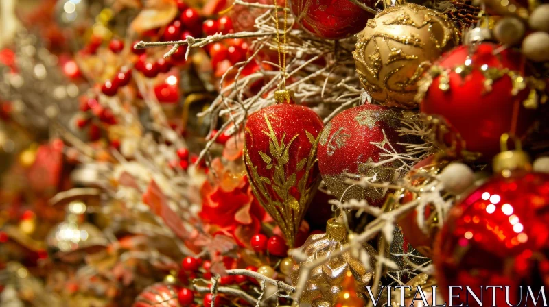 Festive Christmas Tree Decoration: Red and Gold Ornaments AI Image