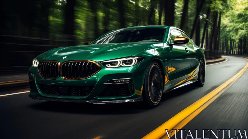 Green BMW M8 Gran Coupe Speeding Through Forest AI Image