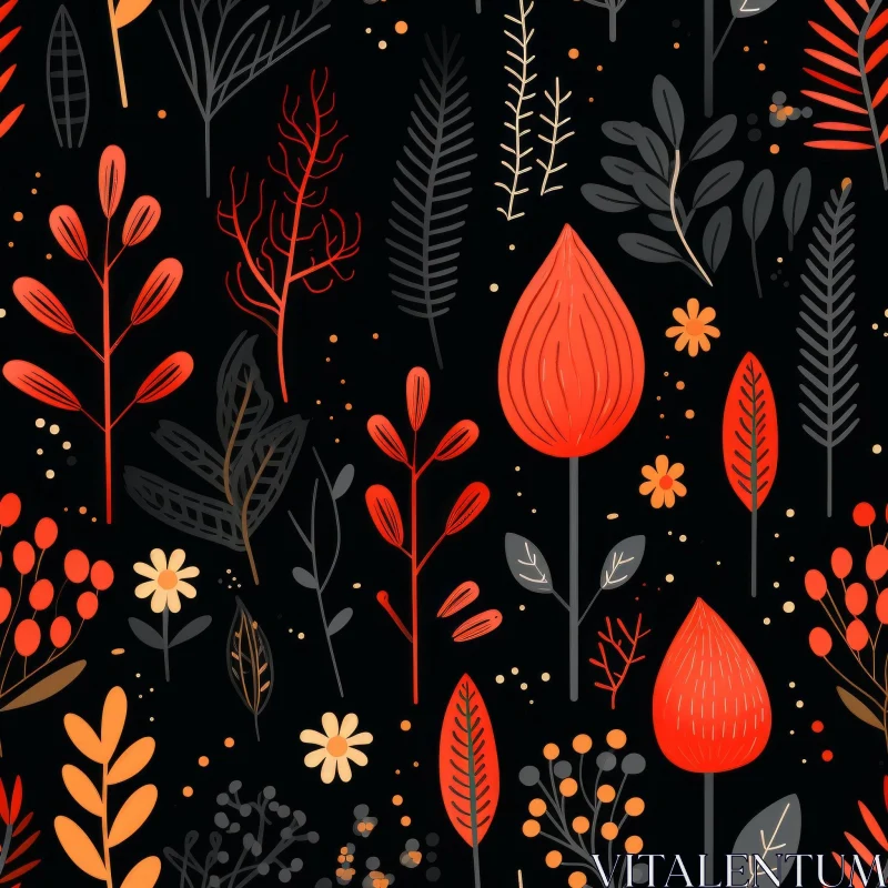 Hand-drawn Floral Pattern in Red, Orange, Yellow on Black Background AI Image