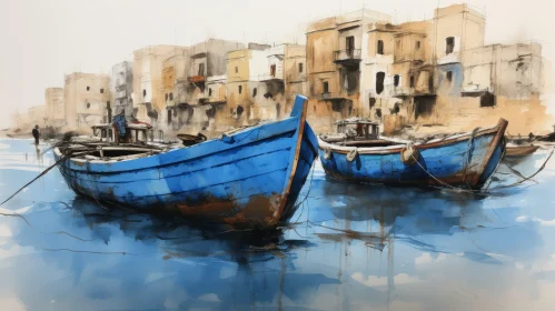 Harbor Watercolor Painting - Blue and White Boats