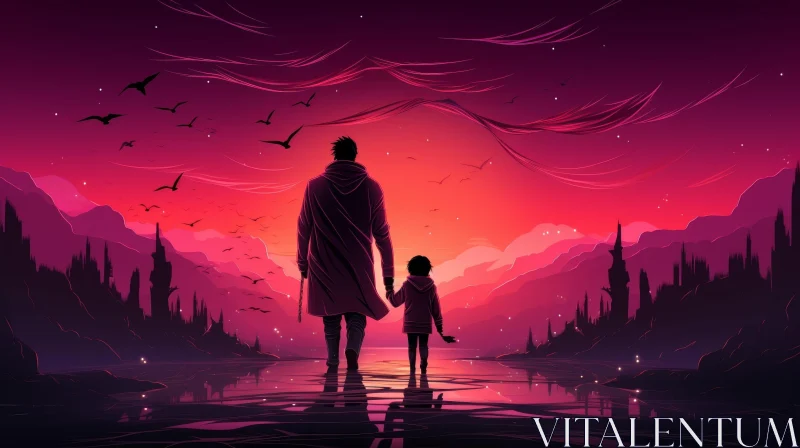 Man and Child Walking by Lake with Fantastic Landscape AI Image