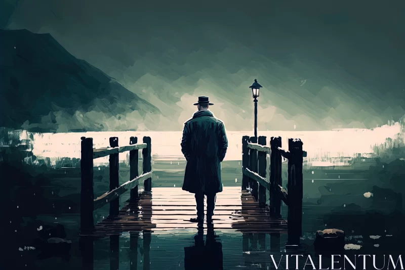 Mysterious Man on Pier: Dark Cyan Lake | Concept Art AI Image