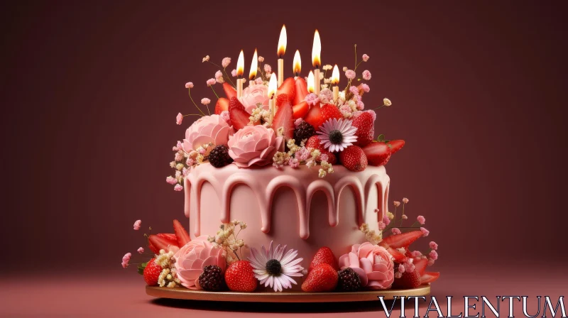 Pink Cake with Flowers and Candles AI Image