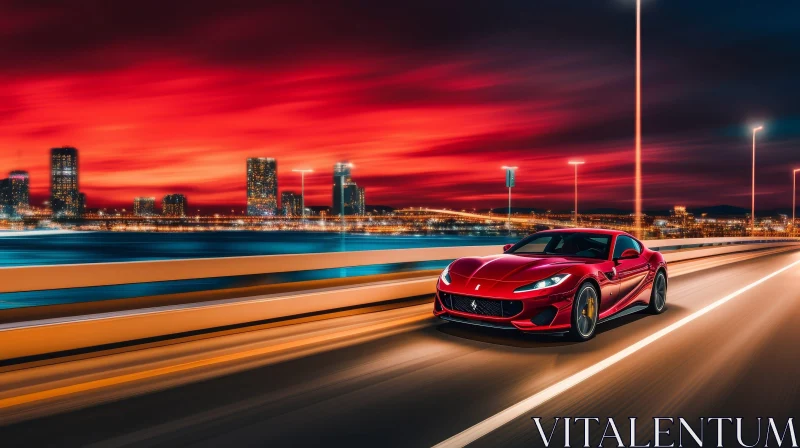 Red Ferrari F8 Tributo Night Scene on Bridge AI Image
