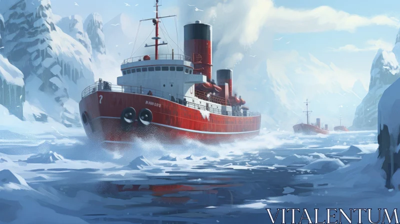 AI ART Red Icebreaker Ships in Frozen Sea