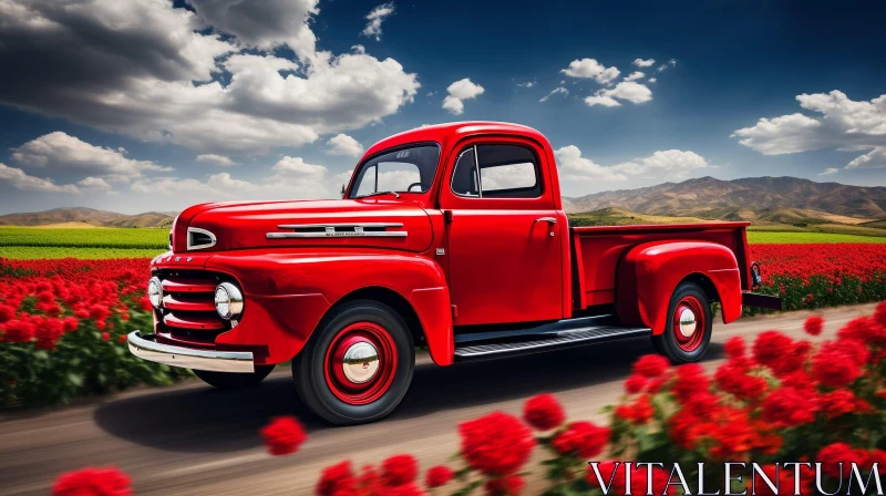 Red Retro Pickup Truck in Field of Flowers AI Image