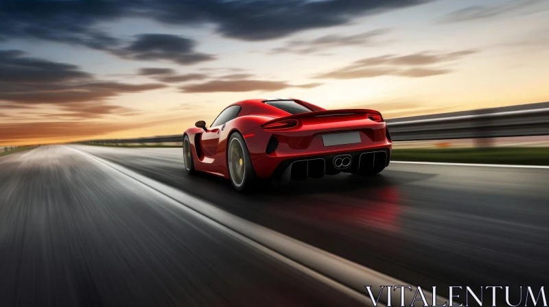 Red Sports Car Speeding on Asphalt Road at Evening AI Image