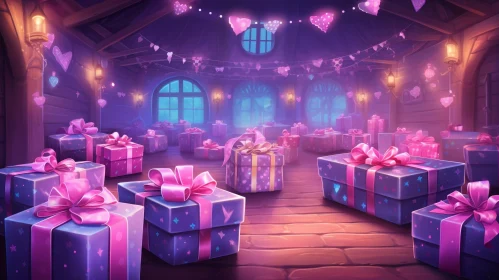 Romantic Cartoon Room with Presents and Heart Decorations
