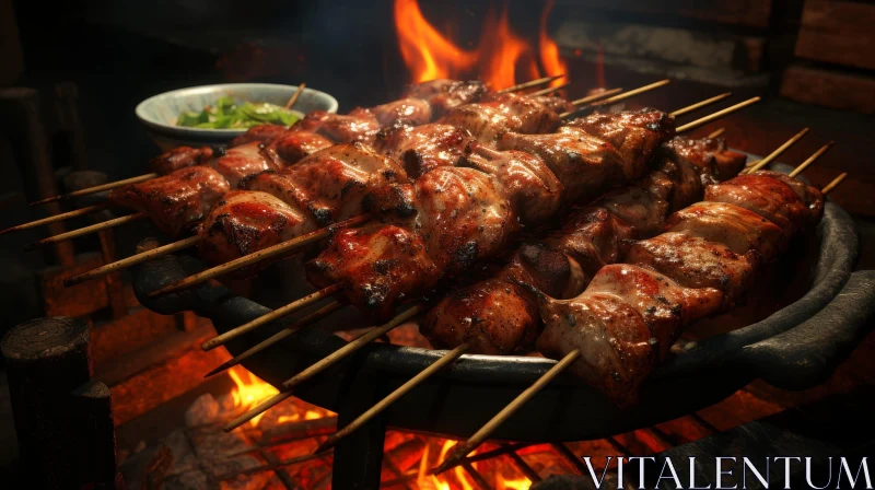 Sizzling Meat Skewers on Grill: Tempting Delicacy AI Image