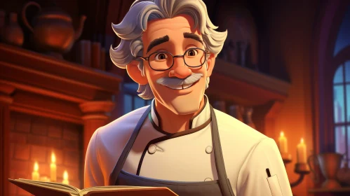 Smiling Elderly Chef in Kitchen