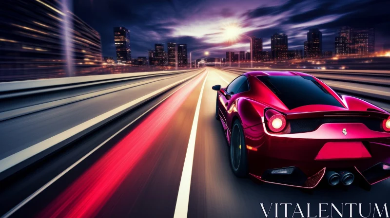 Speeding Red Sports Car in City Night Scene AI Image