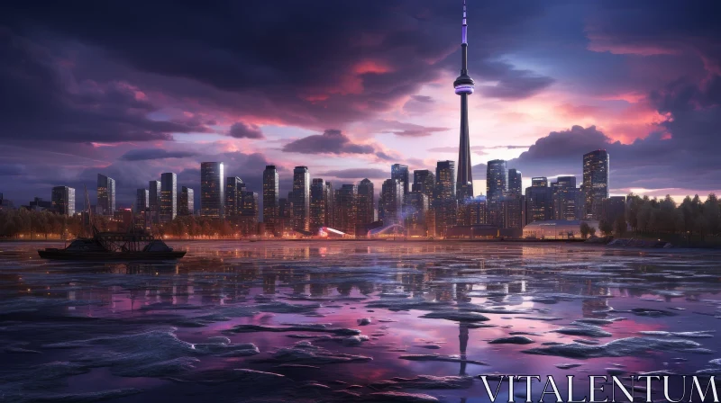 Toronto Sunset Skyline Reflection on Frozen Lake AI Image