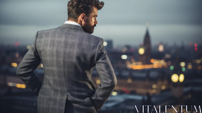 Urban Rooftop Scene: Man in Suit Watching City Lights AI Image