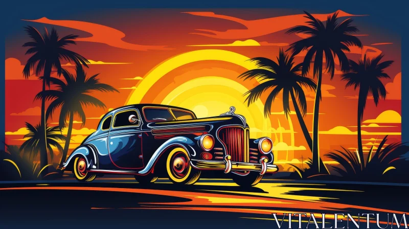 AI ART Vintage Blue Ford Model A Driving at Sunset