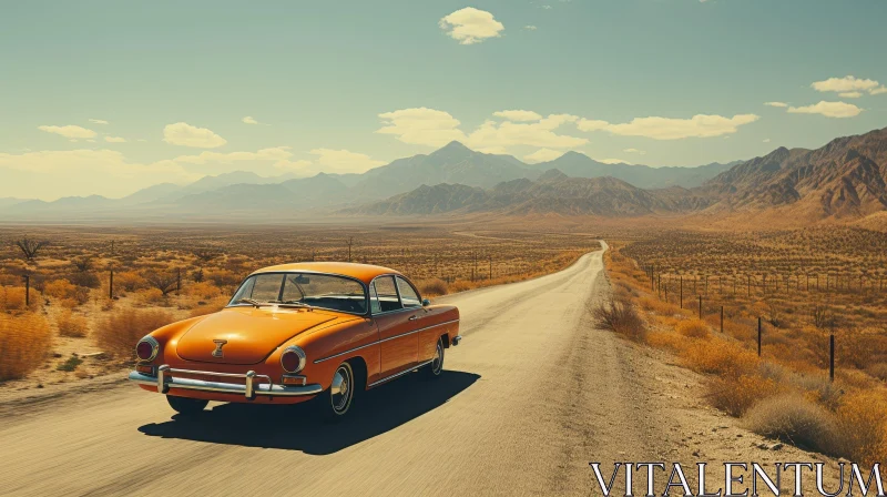 Vintage Car Driving on Desert Road with Mountains - Nostalgic Scene AI Image