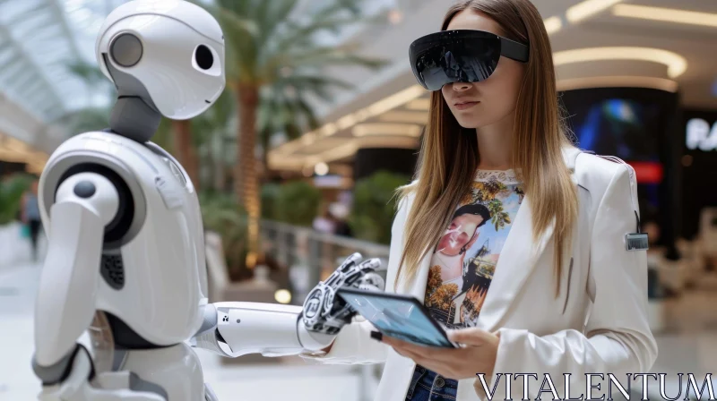 Young Woman and White Robot in a Virtual Reality Experience AI Image