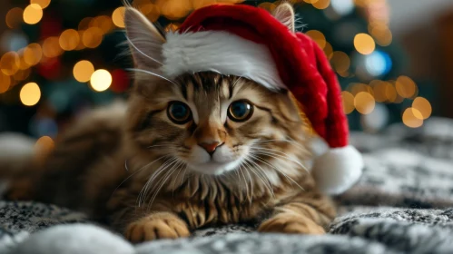 Beautiful Tabby Cat with Santa Hat in Front of Christmas Tree