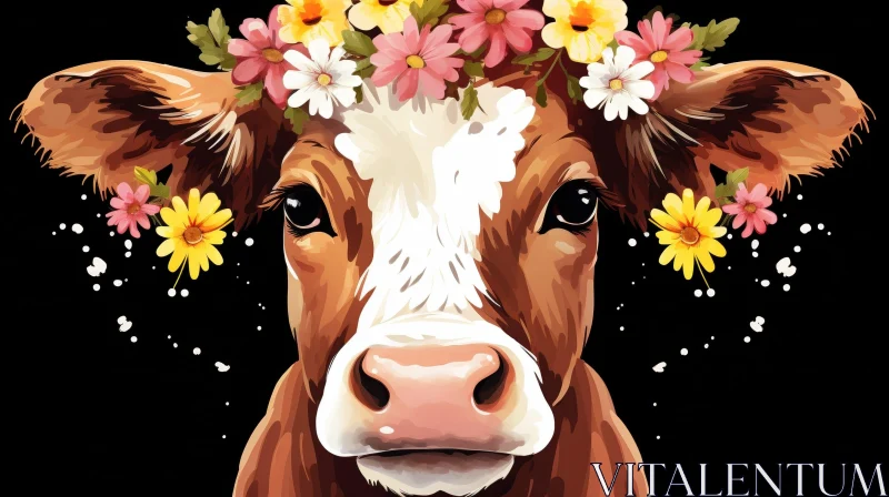 Brown and White Cow with Flower Wreath - Watercolor Painting AI Image