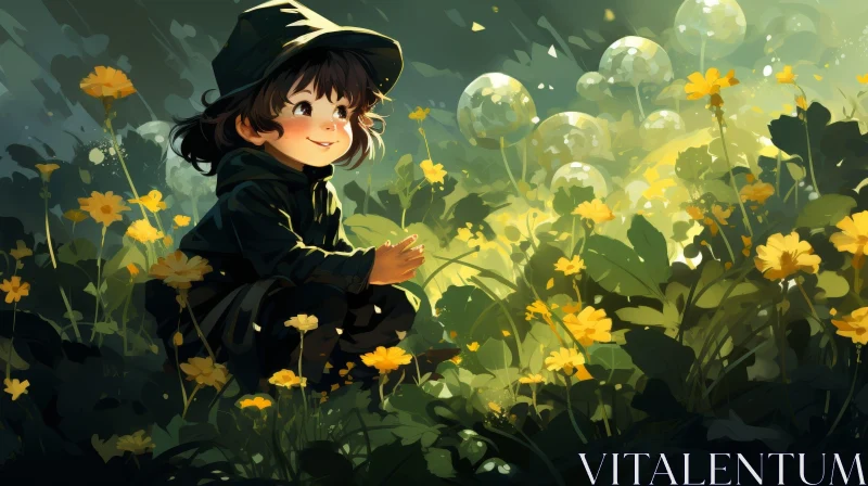 Child in Field of Flowers - Magical Illustration AI Image