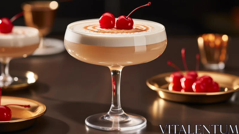 Delicious Cocktail with Cherries - Dark Table Setting AI Image