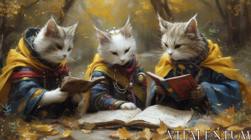 AI ART Enchanting Cats in Wizard Robes Reading Books in Forest