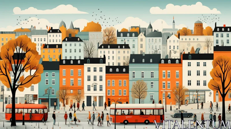 European City Street Scene Cartoon Style AI Image