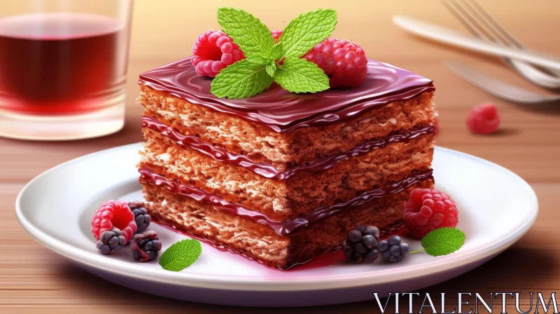 Indulgent Chocolate Cake with Raspberries and Mint AI Image