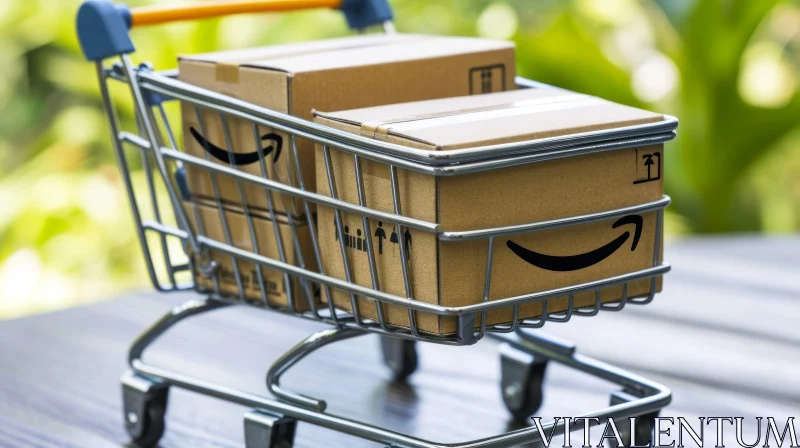 Miniature Shopping Cart with Amazon Logo and Cardboard Boxes AI Image