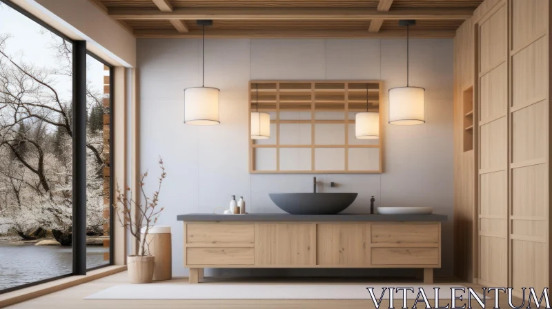 AI ART Modern Japanese-inspired Bathroom with Snowy Landscape View