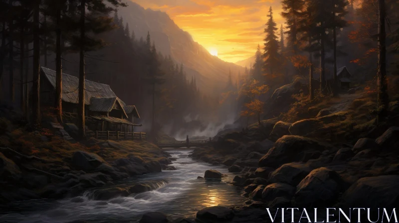 Mountain Valley Sunset Landscape Painting AI Image