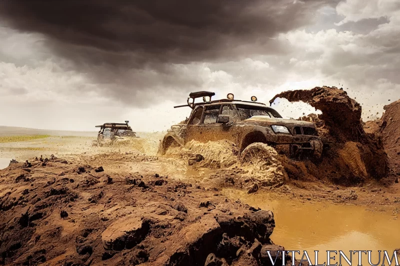 Post-Apocalyptic Art: Dynamic Action Scenes with Off-Road Vehicles in Muddy Roads AI Image