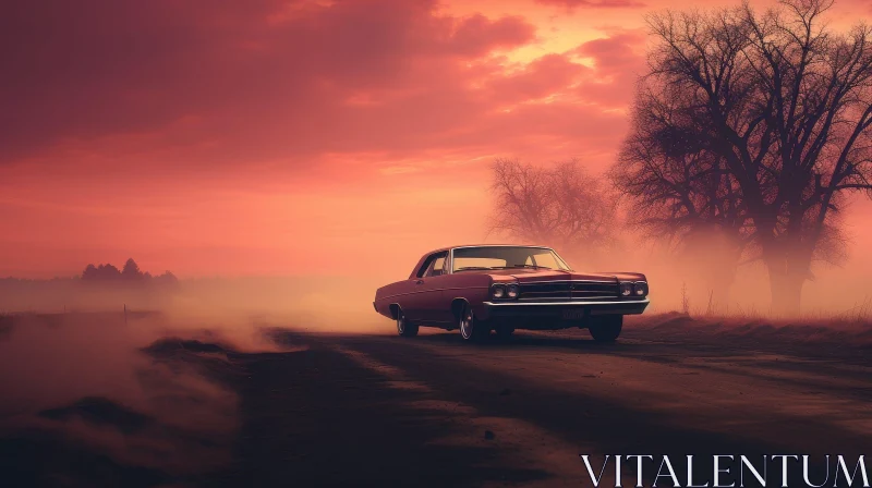 AI ART Red Retro Car Driving Through Rural Landscape at Sunset