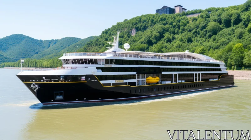 Tranquil River Cruise Ship Surrounded by Green Hills AI Image