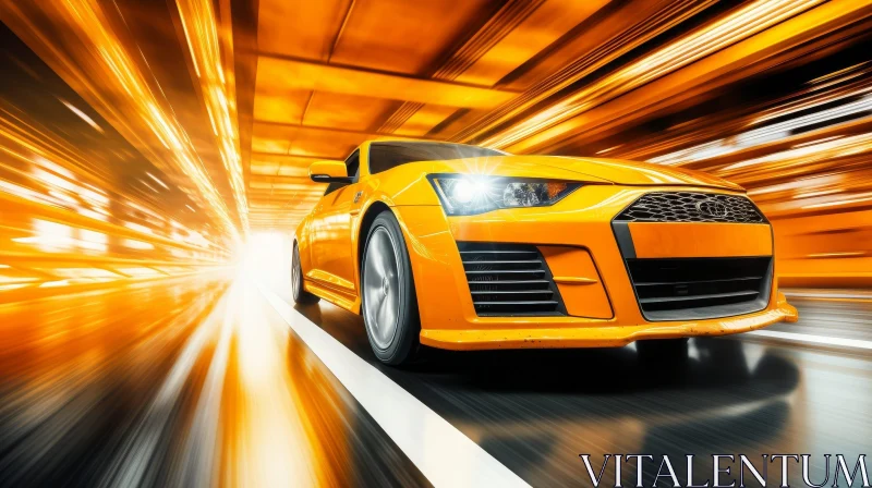 AI ART Yellow Sports Car Speeding Through Tunnel