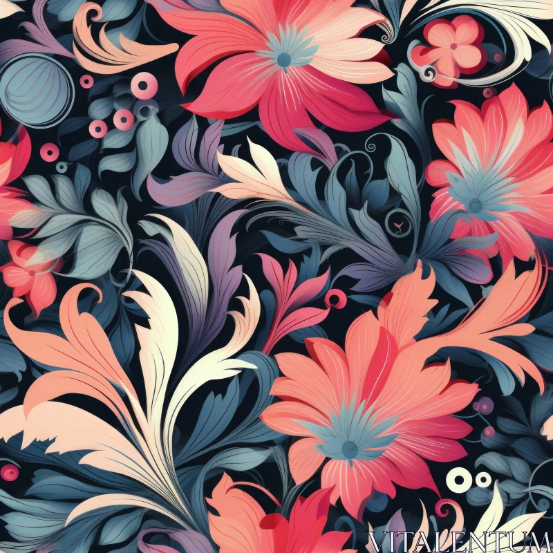Blue Floral Pattern with Pink Flowers AI Image
